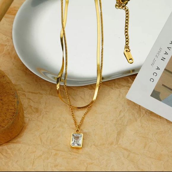 18K Gold Plated Double Layered Necklace,Snake Chain Mini Square Crystal … - Picture 2 of 10